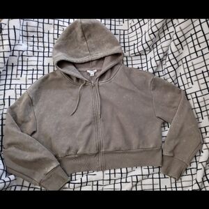 Juniors Size Medium Brown Acid Wash Fleece Cropped Hoodie